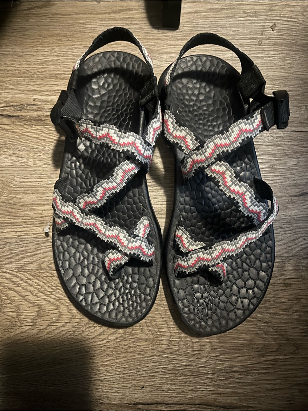 Chaco Black Sandals with Red Logo and Multicolor Patterned Straps